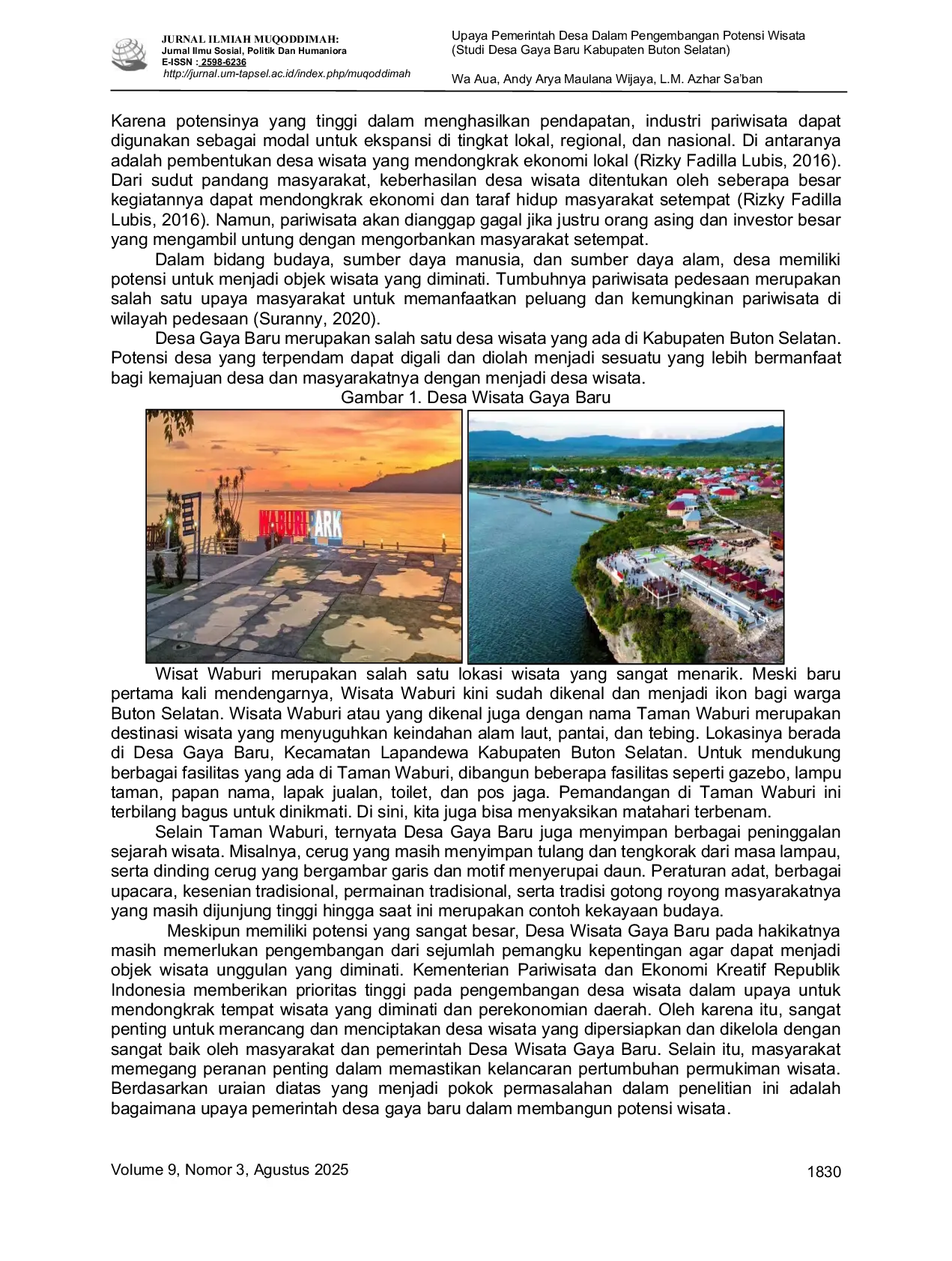 JURIS Upaya Pemerintah Desa Dalam Pengembangan Potensi Wisata Studi Desa Gaya Baru Kabupaten Buton Selatan