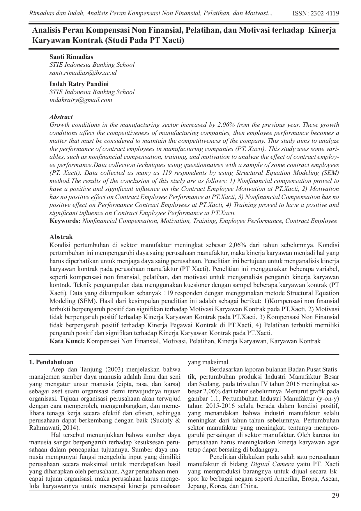 JURIS Analisis Peran Kompensasi Non Finansial Pelatihan dan Motivasi terhadap Kinerja Karyawan Kontrak Studi Pada PT Xacti