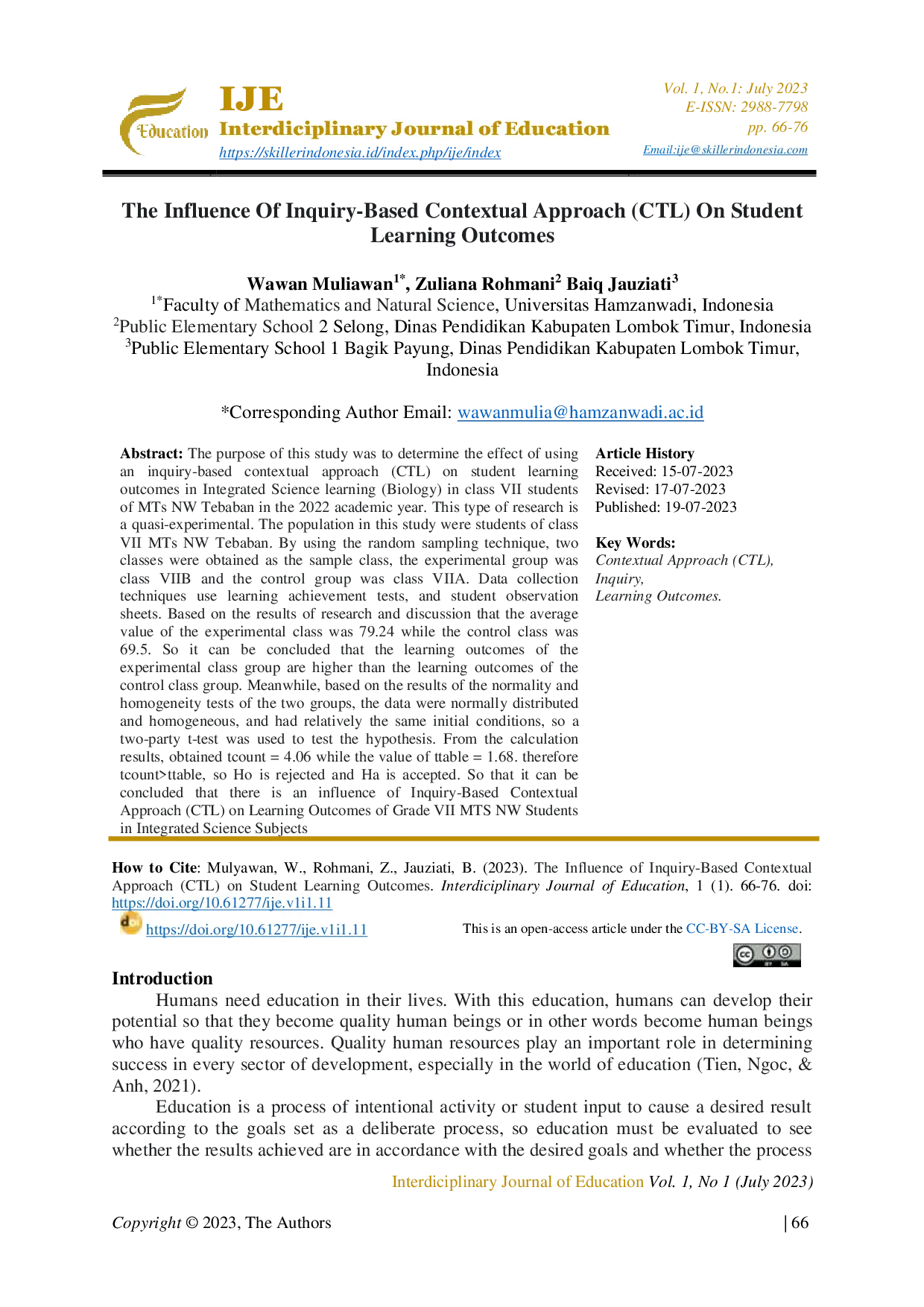 JURIS The Influence Of Inquiry Based Contextual Approach CTL On Student Learning Outcomes