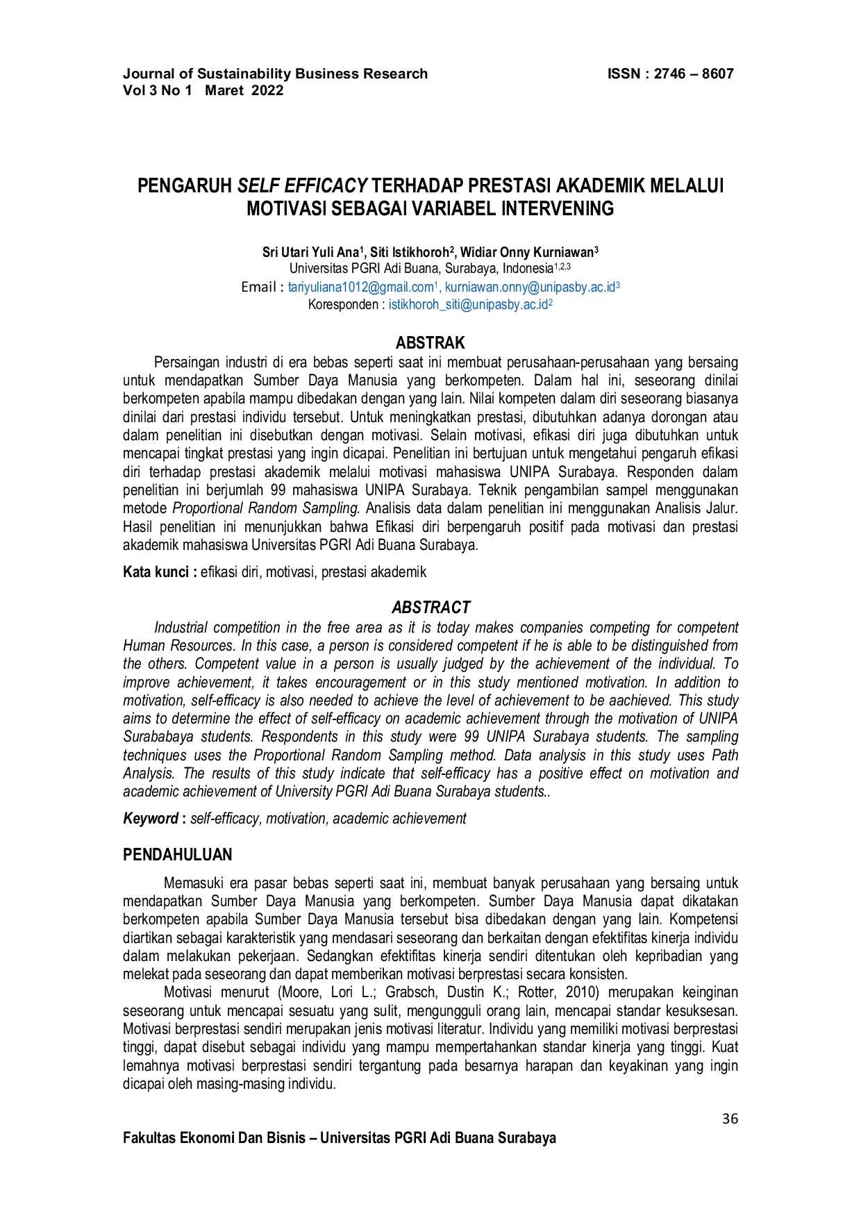 JURIS Pengaruh Self Efficacy Terhadap Prestasi Akademik Melalui Motivasi Sebagai Variabel Intervening