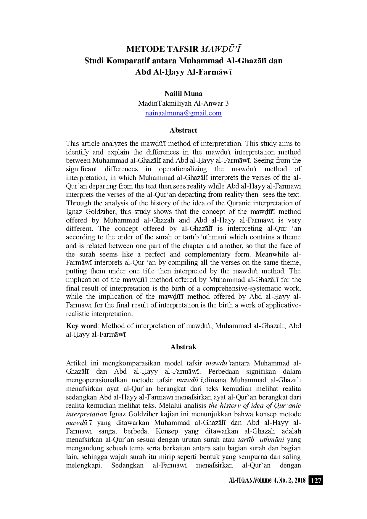 juris METODE TAFSIR MAW Studi Komparatif antara Muhammad Al Ghaz AAl dan