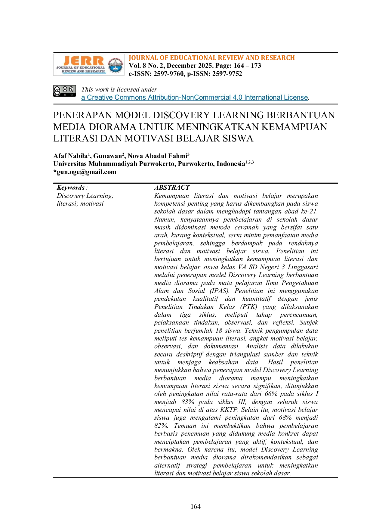 JURIS Penerapan Model Discovery Learning Berbantuan Media Diorama untuk Meningkatkan Kemampuan Literasi dan Motivasi Belajar Siswa