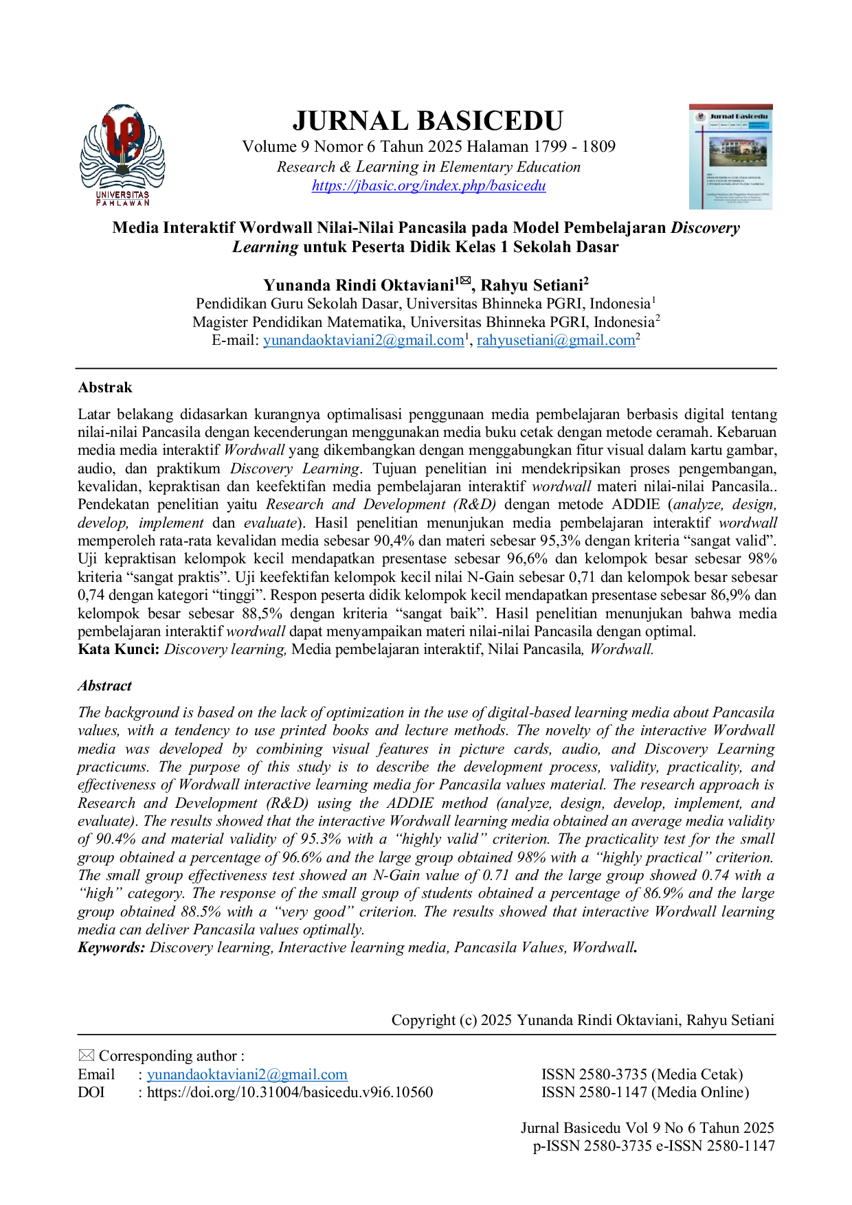 JURIS Media Interaktif Wordwall Nilai Nilai Pancasila pada Model Pembelajaran Discovery Learning untuk Peserta Didik Kelas 1 Sekolah Dasar