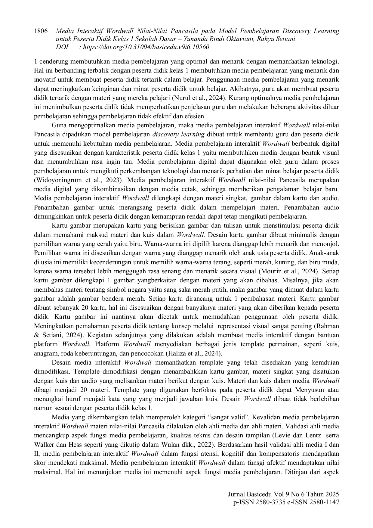 JURIS Media Interaktif Wordwall Nilai Nilai Pancasila pada Model Pembelajaran Discovery Learning untuk Peserta Didik Kelas 1 Sekolah Dasar