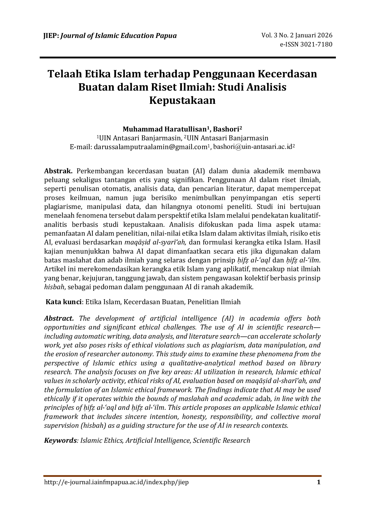 JURIS Telaah Etika Islam terhadap Penggunaan Kecerdasan Buatan dalam Riset Ilmiah Studi Analisis Kepustakaan