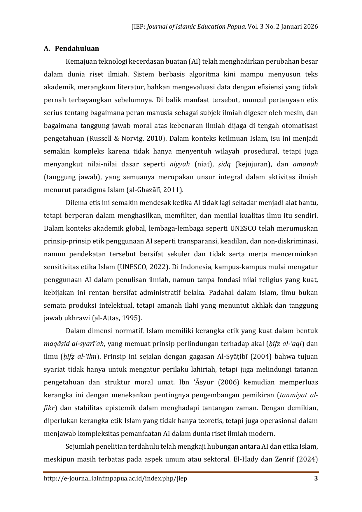 JURIS Telaah Etika Islam terhadap Penggunaan Kecerdasan Buatan dalam Riset Ilmiah Studi Analisis Kepustakaan