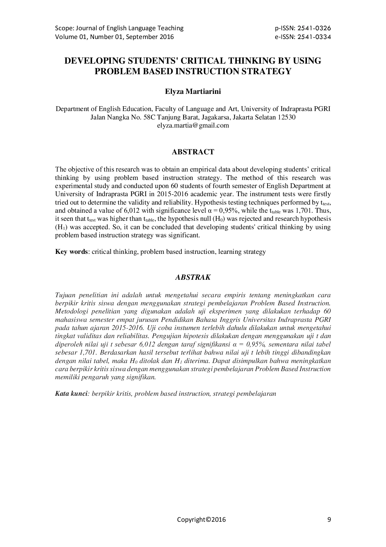 JURIS Developing Students Critical Thinking by Using Problem Based Instruction Strategy