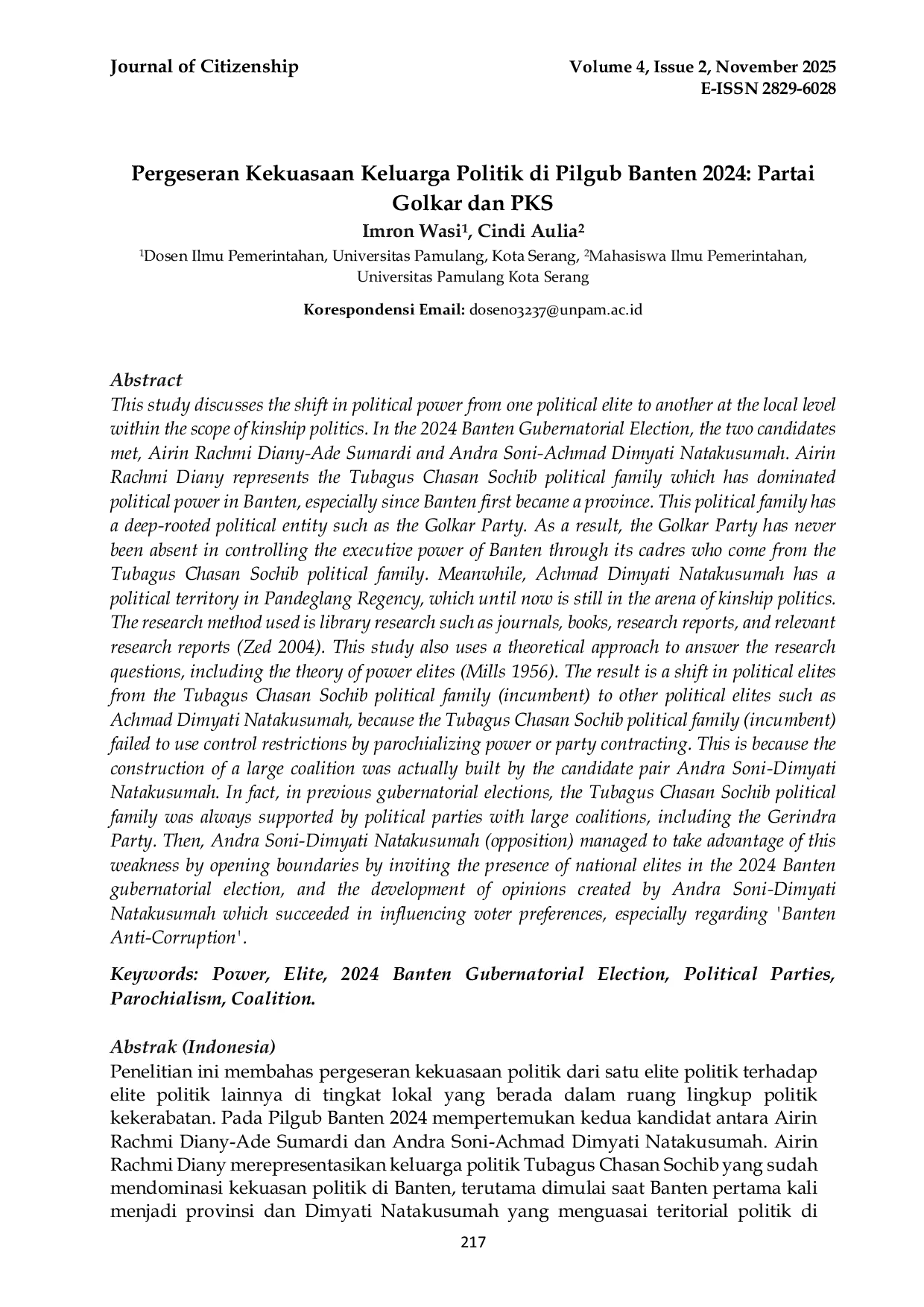 JURIS Pergeseran Kekuasaan Keluarga Politik di Pilgub Banten 2024 Partai Golkar dan PKS