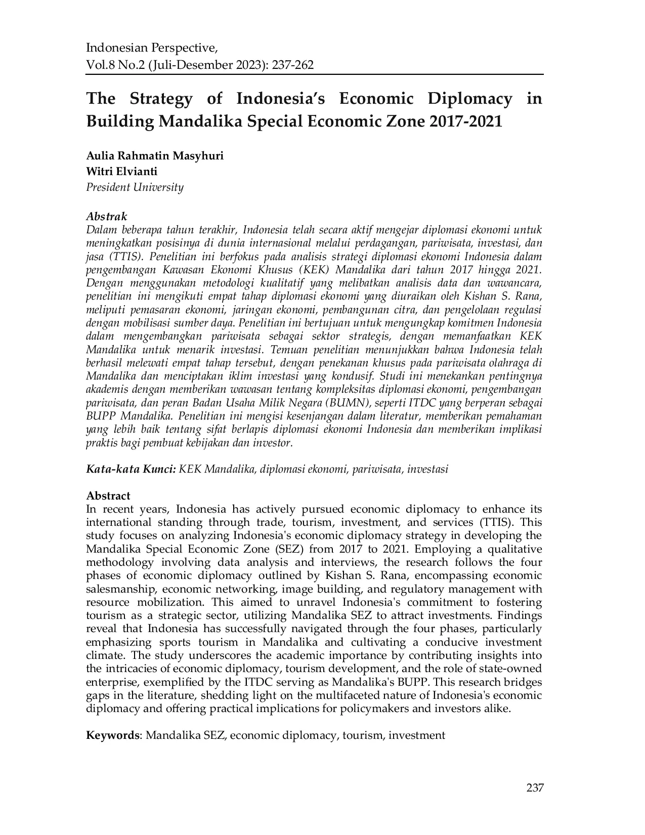 JURIS The Strategy of Indonesia s Economic Diplomacy in Building Mandalika Special Economic Zone 2017 2021