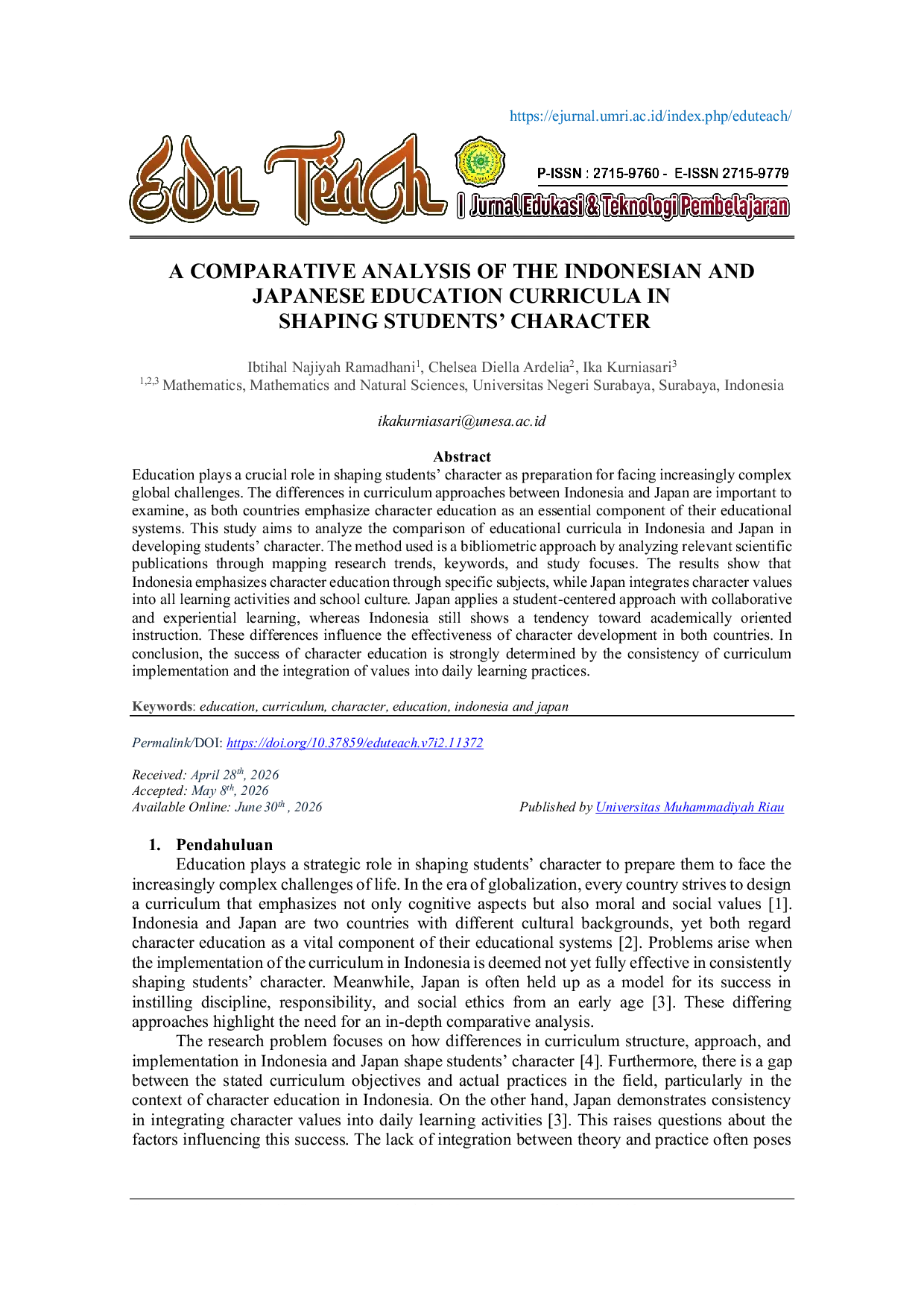 JURIS A Comparative Analysis Of The Indonesian And Japanese Education Curricula In Shaping Students Character