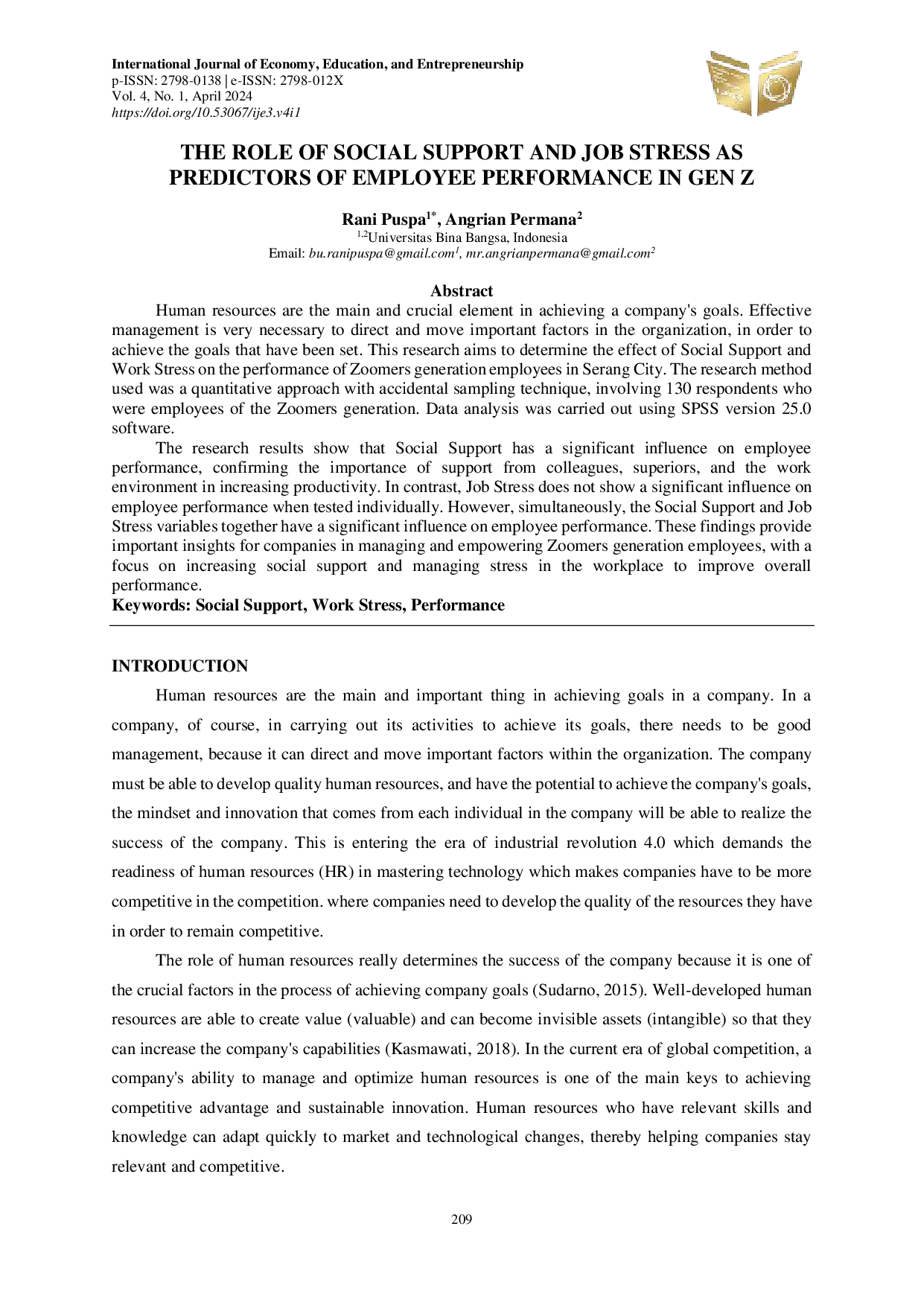 JURIS Peran Dukungan Sosial Dan Stres Kerja Sebagai Prediktor Kinerja Karyawan Pada Generasi Z