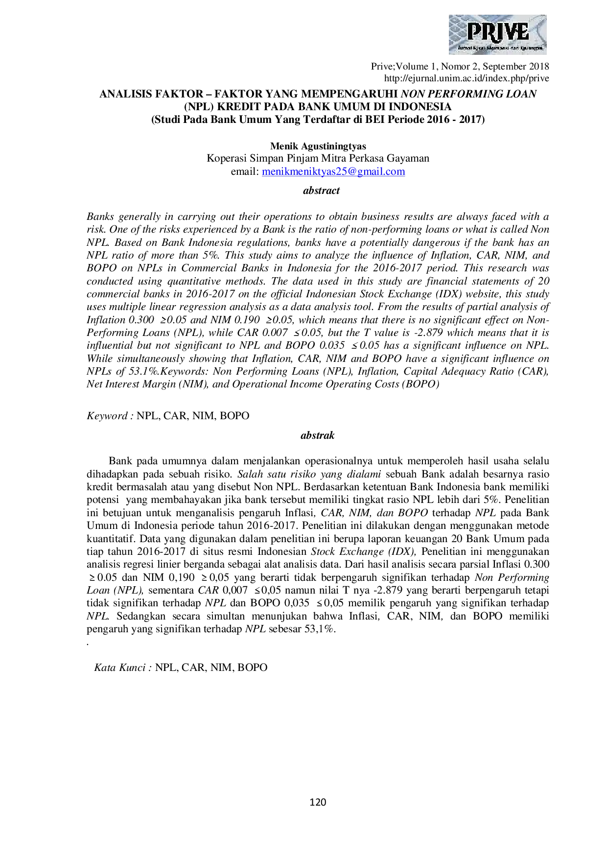 JURIS Analisis Faktor Faktor Yang Mempengaruhi Non Performing Loan NPL Kredit Pada Bank Umum di Indonesia Studi Pada Bank Umum Yang Terdaftar di Bei Periode 2016 2017