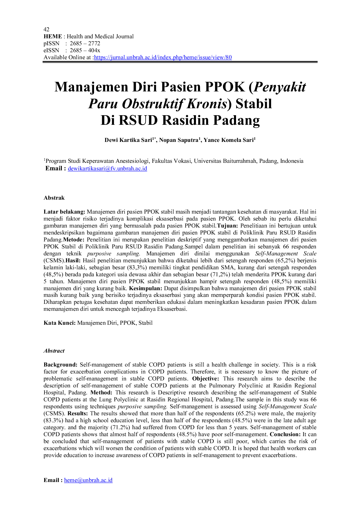 JURIS Manajemen Diri Pasien PPOK Penyakit Paru Obstruktif Kronis Stabil Di RSUD Rasidin Padang