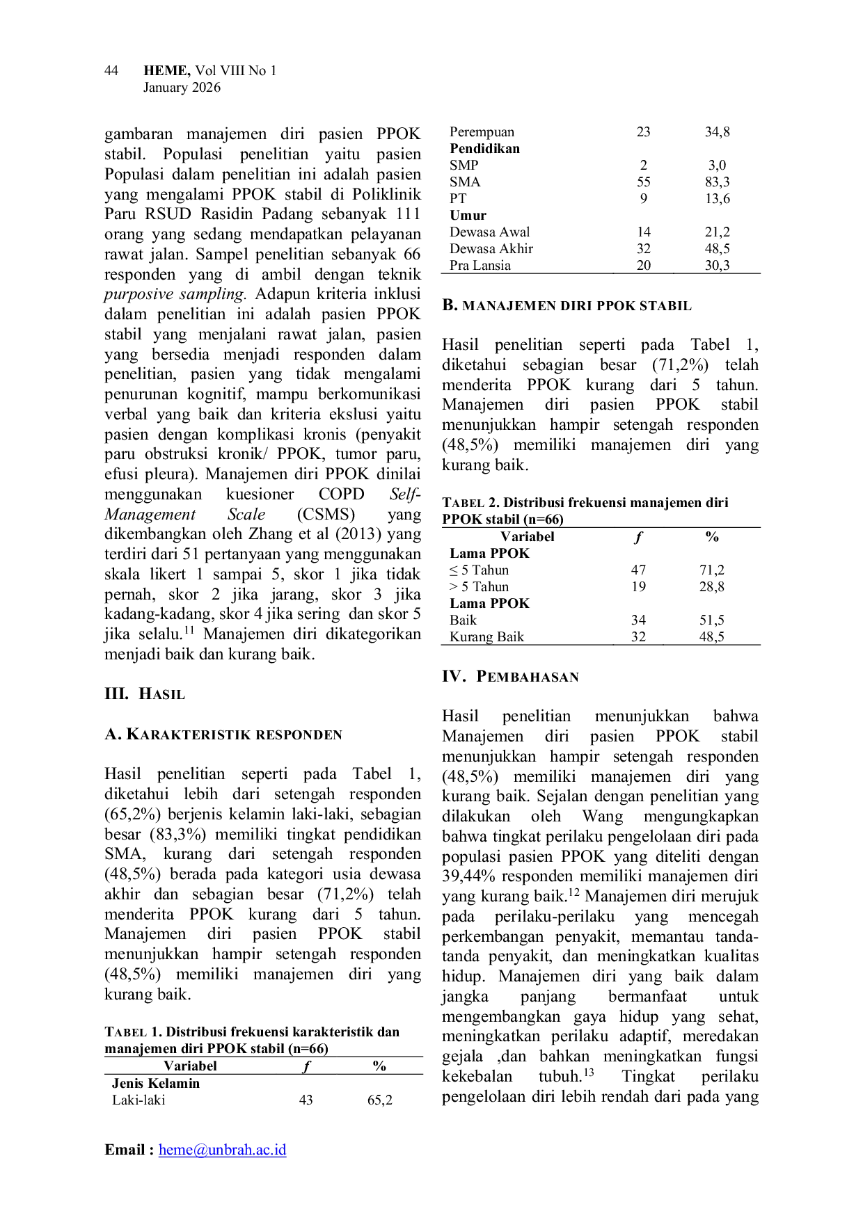 JURIS Manajemen Diri Pasien PPOK Penyakit Paru Obstruktif Kronis Stabil Di RSUD Rasidin Padang