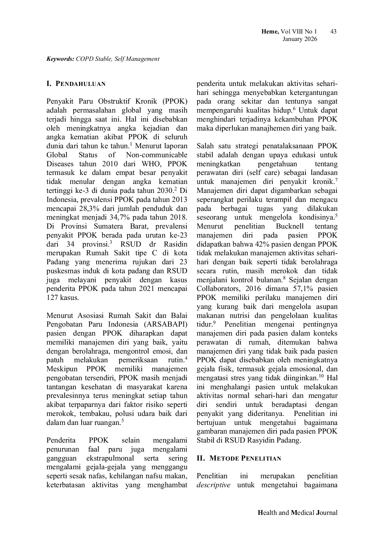 JURIS Manajemen Diri Pasien PPOK Penyakit Paru Obstruktif Kronis Stabil Di RSUD Rasidin Padang