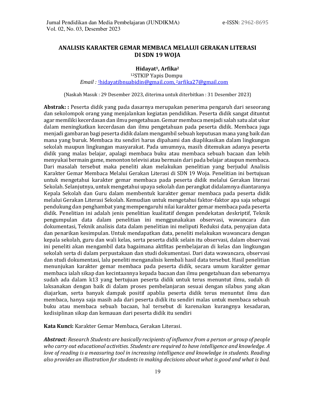 JURIS Analisis Karakter Gemar Membaca Melalui Gerakan Literasi Di SDN 19 Woja
