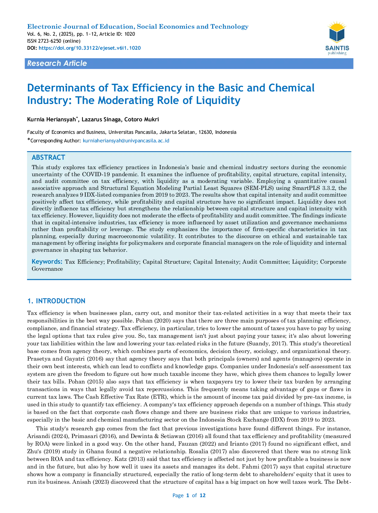 JURIS Determinants of Tax Efficiency in the Basic and Chemical Industry The Moderating Role of Liquidity