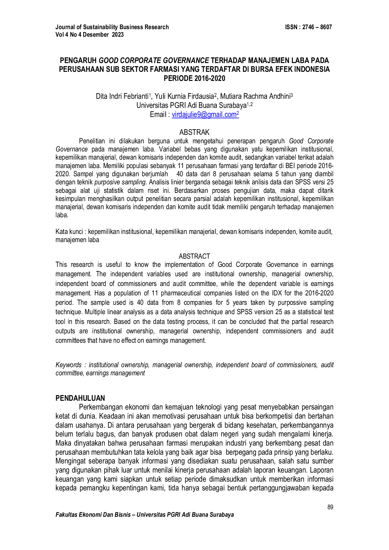 JURIS Pengaruh Good Corporate Governance Terhadap Manajemen Laba Pada Perusahaan Sub Sektor Farmasi Yang Terdaftar Di Bursa Efek Indonesia Periode 2016 2020