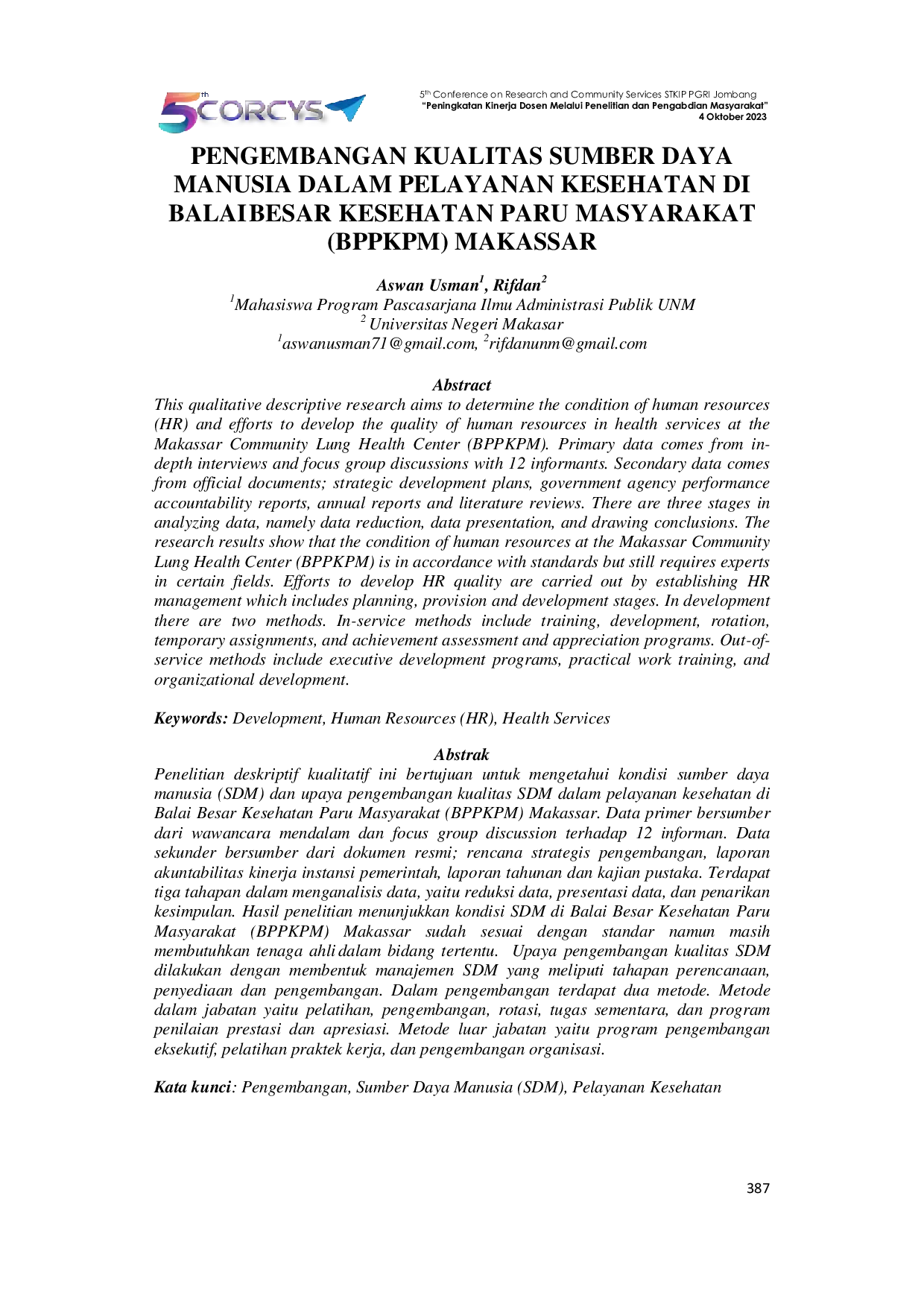 JURIS Pengembangan Kualitas Sumber Daya Manusia Dalam Pelayanan Kesehatan Di Balai Besar Kesehatan Paru Masyarakat BPPKPM Makassar