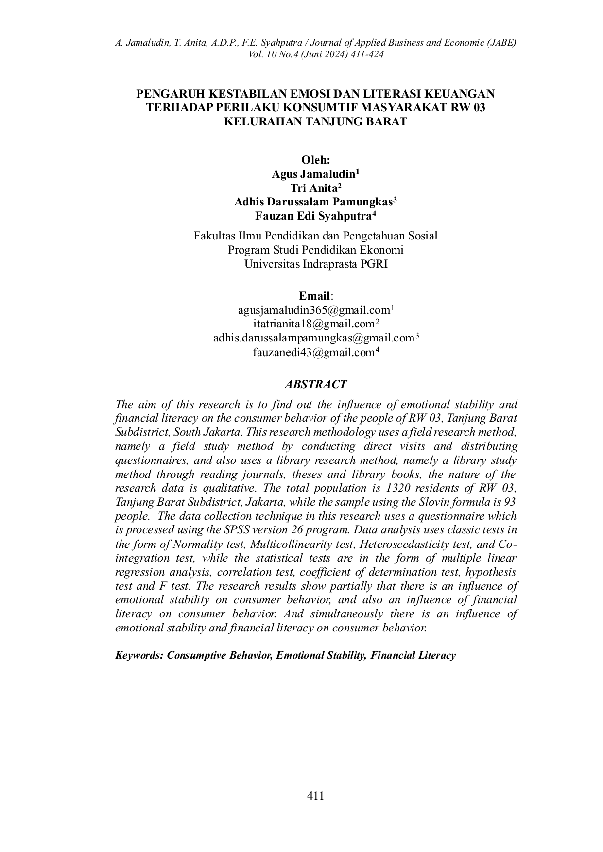 JURIS Pengaruh Kestabilan Emosi Dan Literasi Keuangan Terhadap Perilaku Konsumtif Masyarakat Rw 03 Kelurahan Tanjung Barat