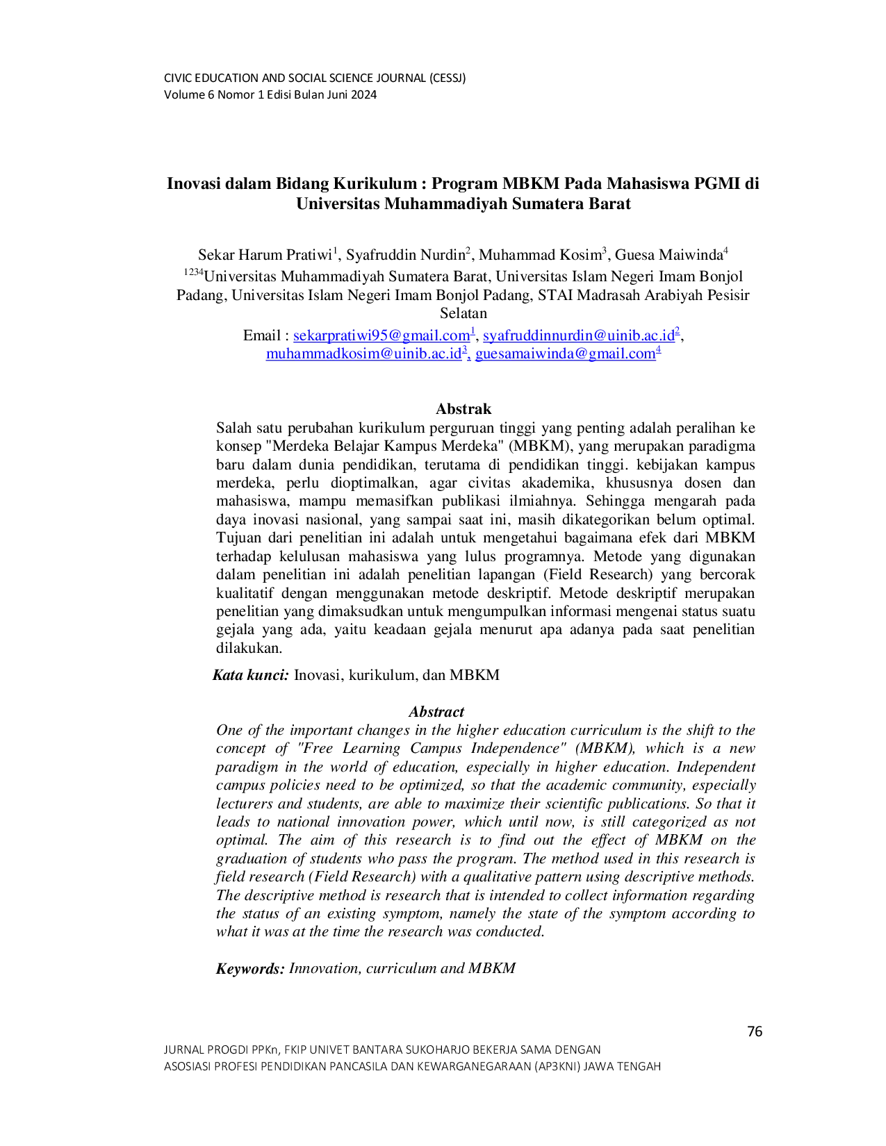 JURIS Inovasi dalam Bidang Kurikulum Program MBKM Pada Mahasiswa PGMI di Universitas Muhammadiyah Sumatera Barat