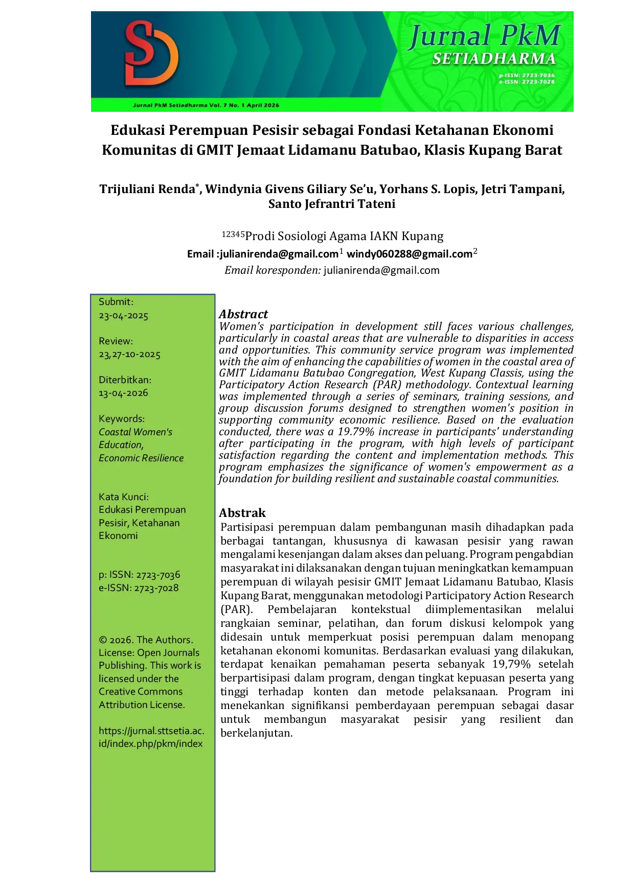JURIS Edukasi Perempuan Pesisir Sebagai Fondasi Ketahanan Ekonomi Komunitas Di Gmit Jemaat Lidamanu Batubao Klasis Kupang Barat