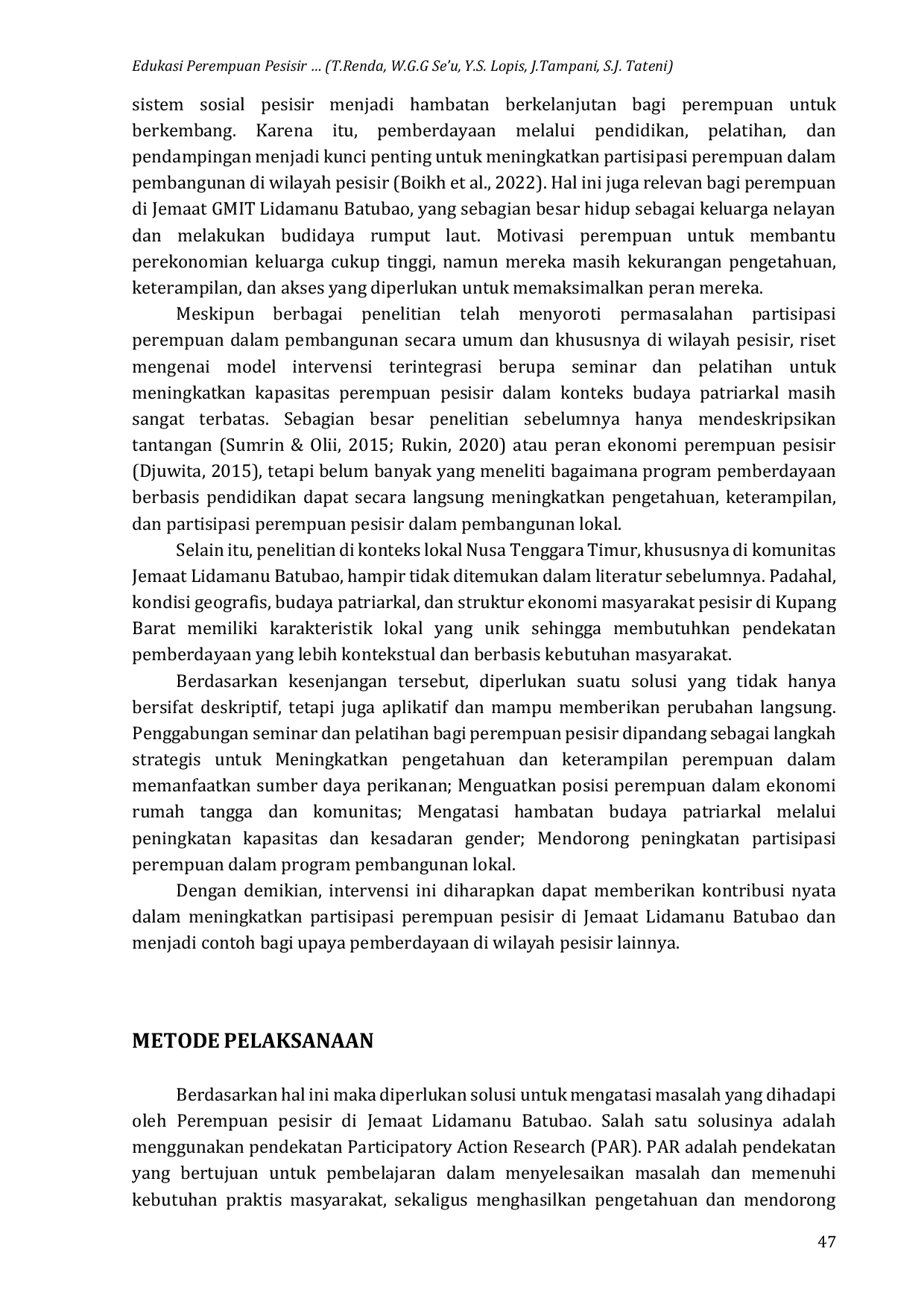 JURIS Edukasi Perempuan Pesisir Sebagai Fondasi Ketahanan Ekonomi Komunitas Di Gmit Jemaat Lidamanu Batubao Klasis Kupang Barat