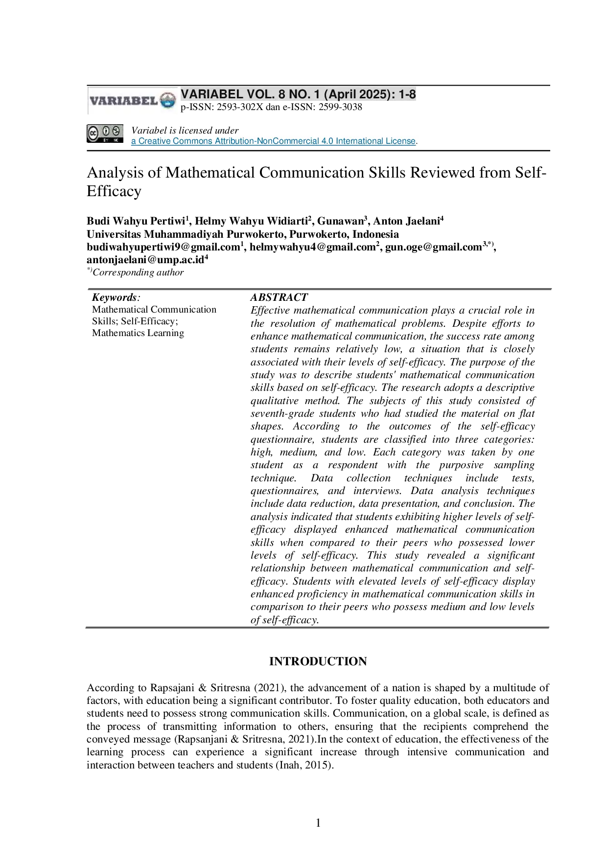JURIS Analysis of Mathematical Communication Skills Reviewed from Self Efficacy