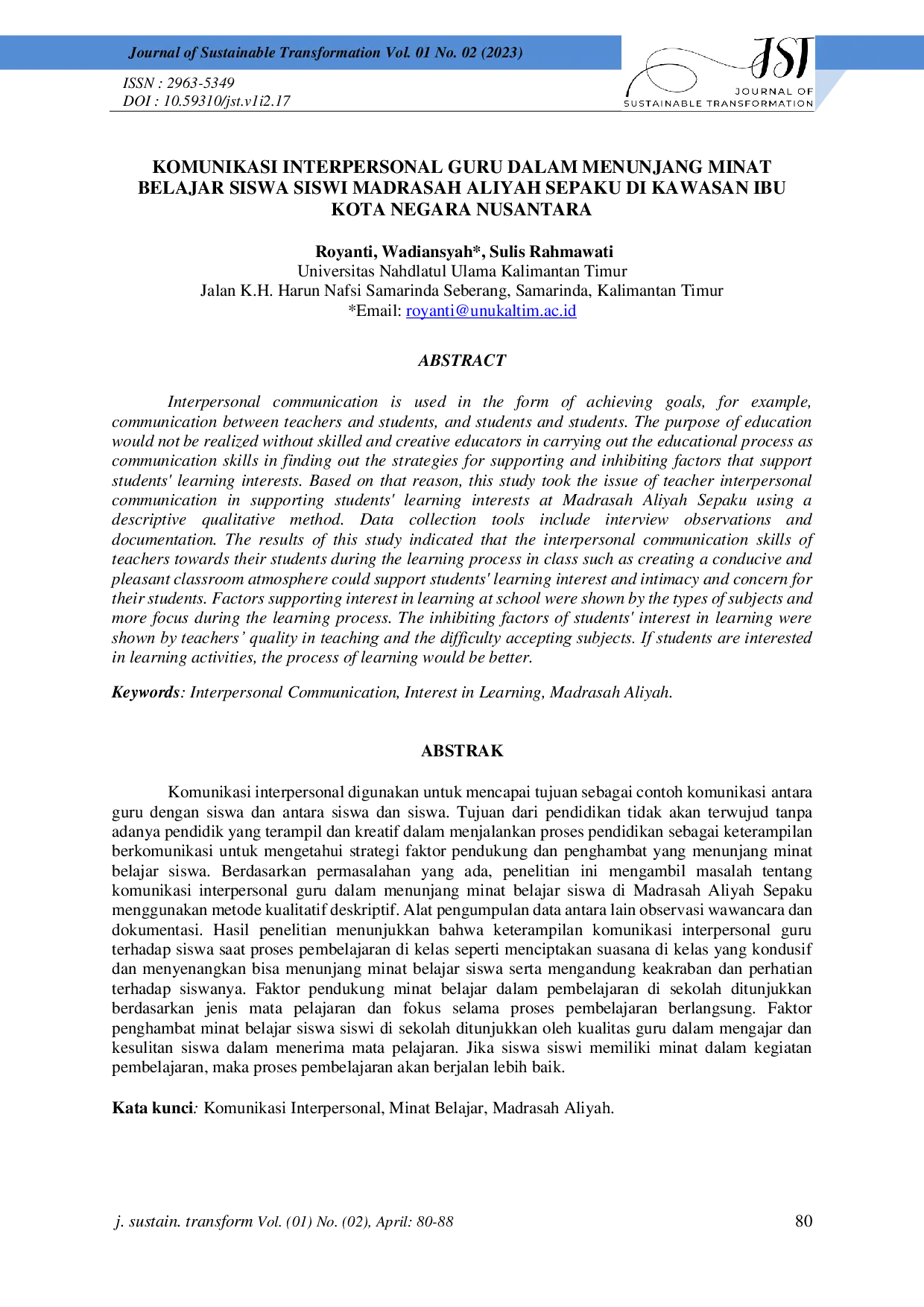 JURIS Komunikasi Interpersonal Guru Dalam Menunjang Minat Belajar Siswa Siswi Madrasah Aliyah Sepaku Di Kawasan Ibu Kota Negara Nusantara