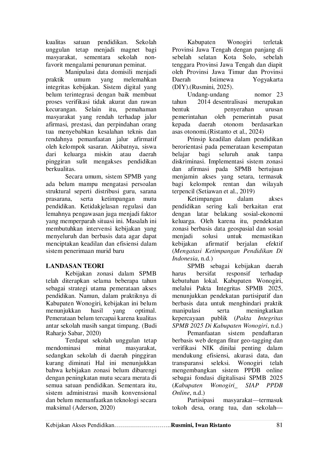 JURIS Kebijakan Akses Pendidikan Melalui Sistem Penerimaan Murid Baru SPMB Kabupaten Wonogiri 2025