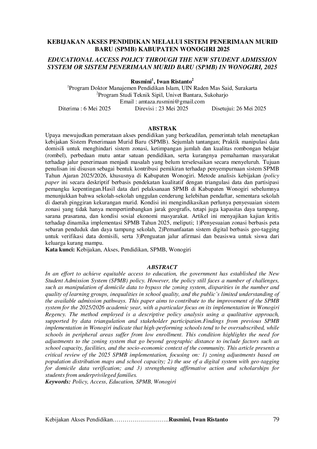 JURIS Kebijakan Akses Pendidikan Melalui Sistem Penerimaan Murid Baru SPMB Kabupaten Wonogiri 2025