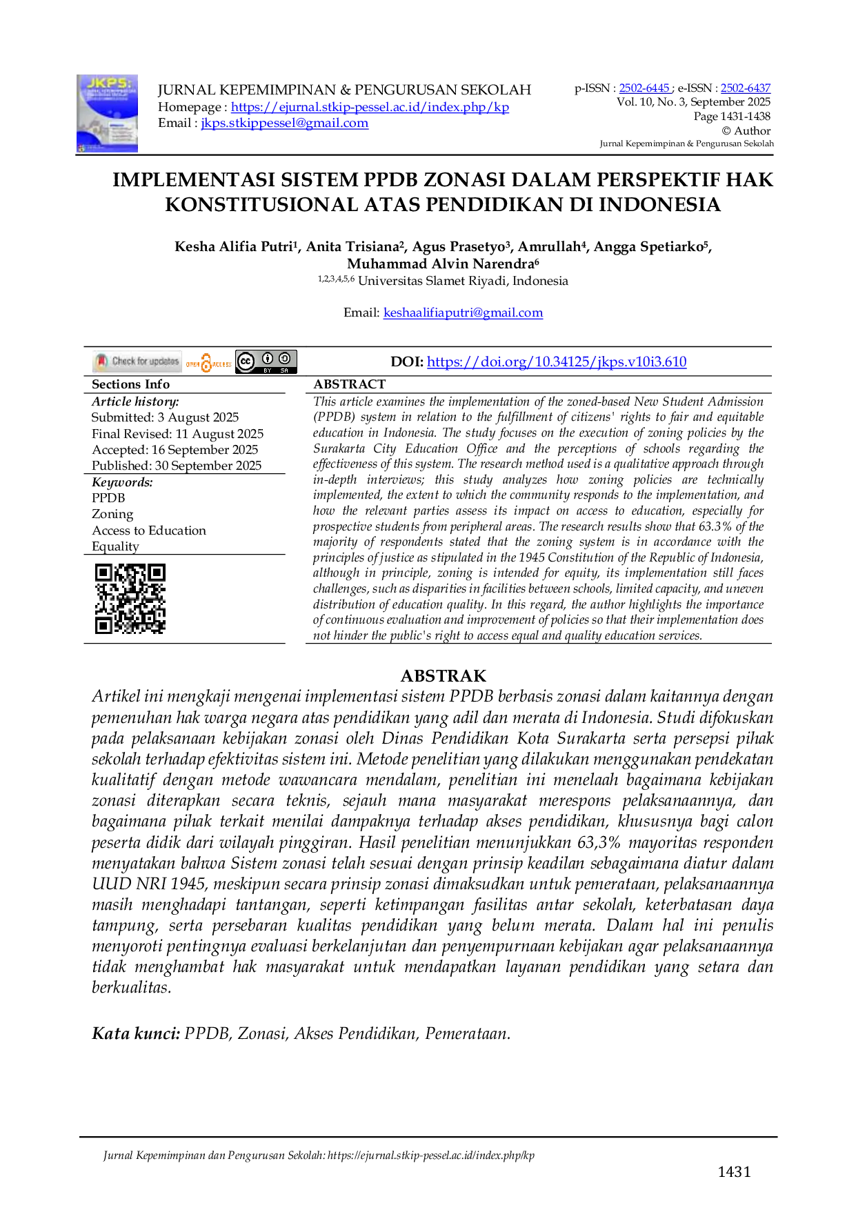 JURIS Implementasi Sistem PPDB Zonasi Dalam Perspektif Hak Konstitusional Atas Pendidikan Di Indonesia