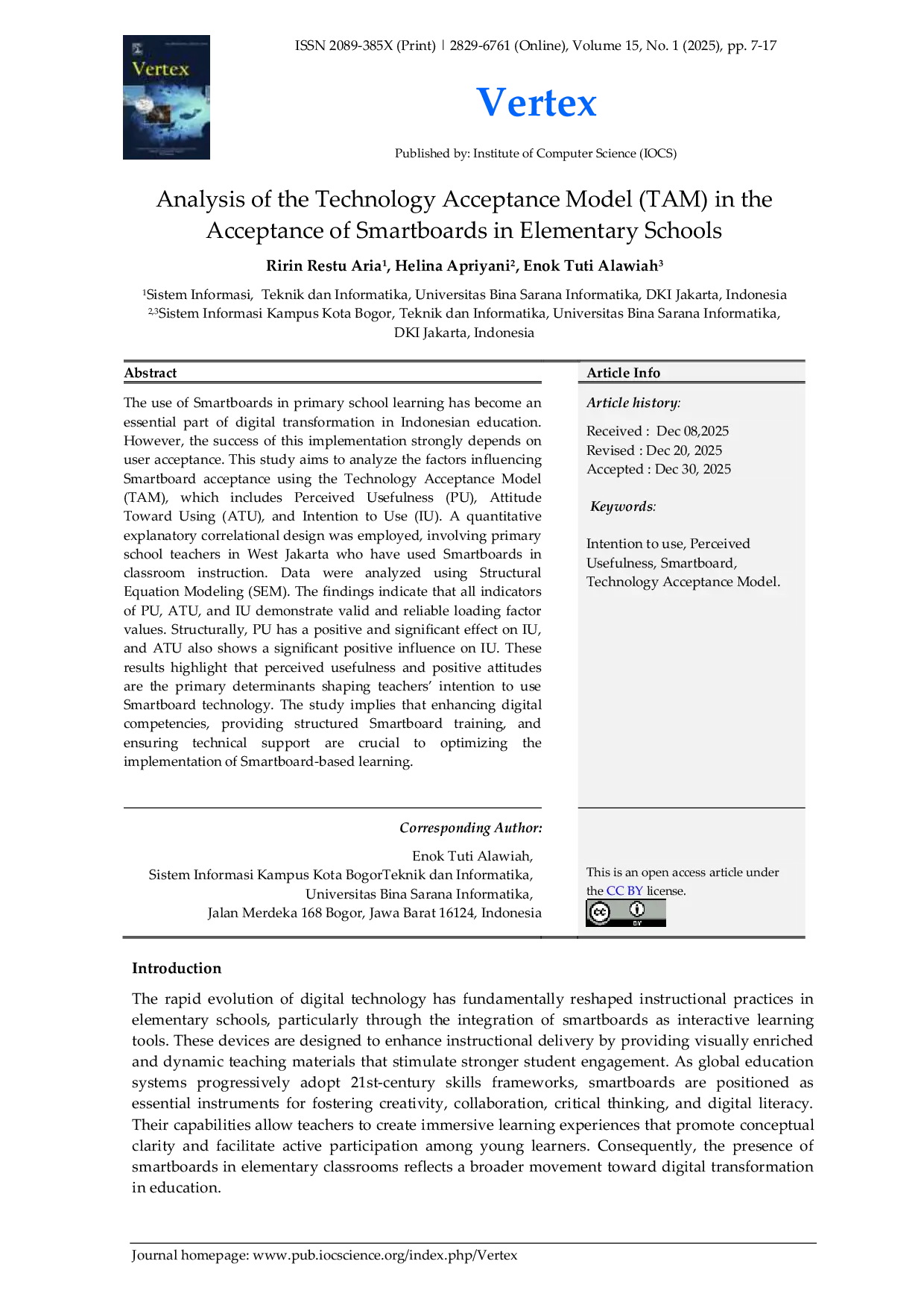 JURIS Analysis of the Technology Acceptance Model TAM in the Acceptance of Smartboards in Elementary Schools
