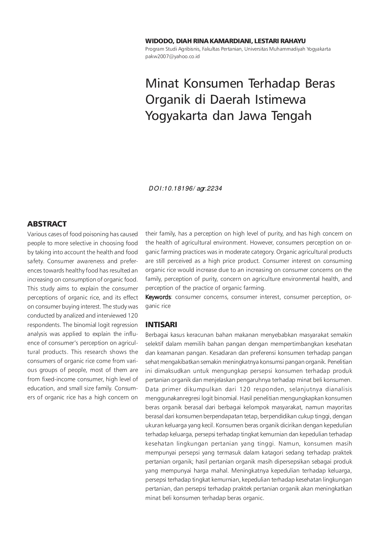 JURIS Minat Konsumen Terhadap Beras Organik di Daerah Istimewa Yogyakarta dan Jawa Tengah