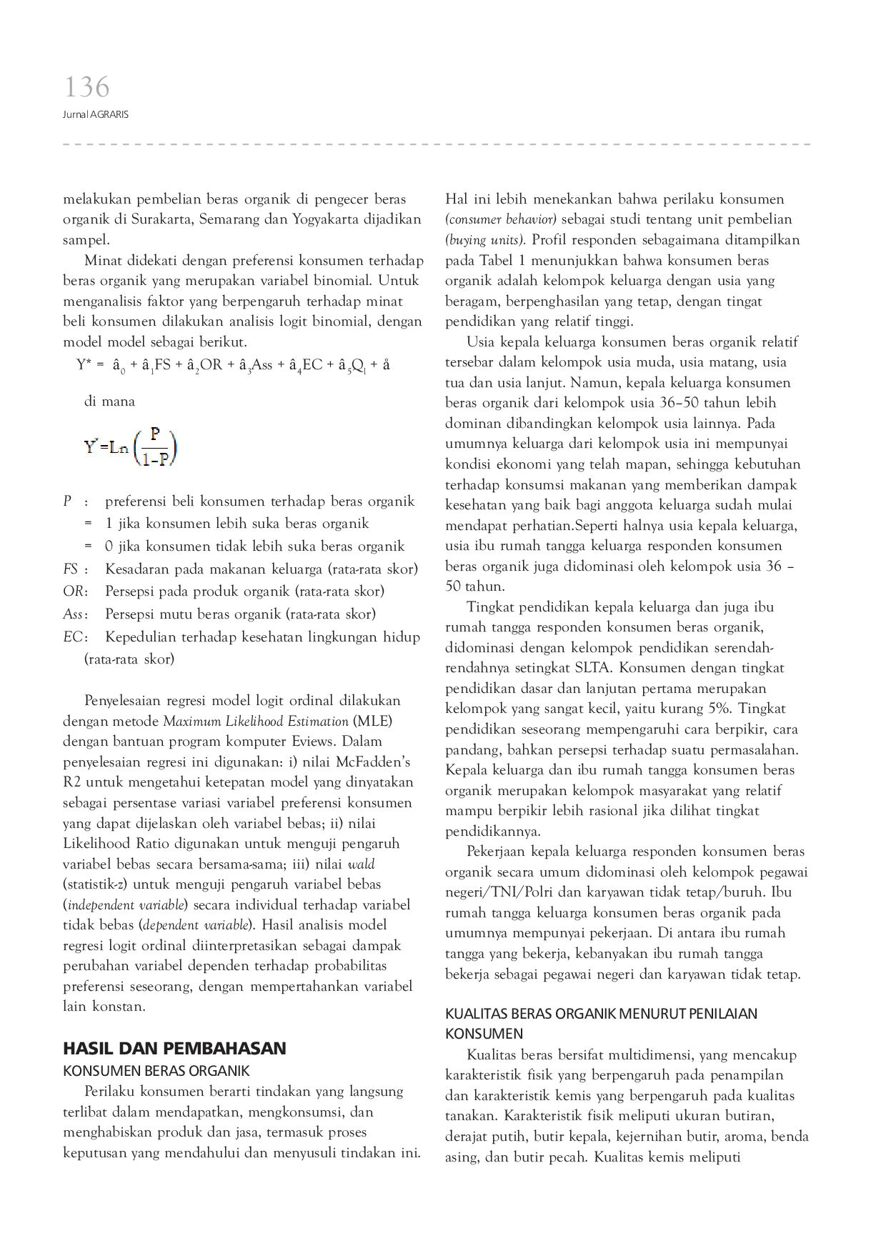 JURIS Minat Konsumen Terhadap Beras Organik di Daerah Istimewa Yogyakarta dan Jawa Tengah