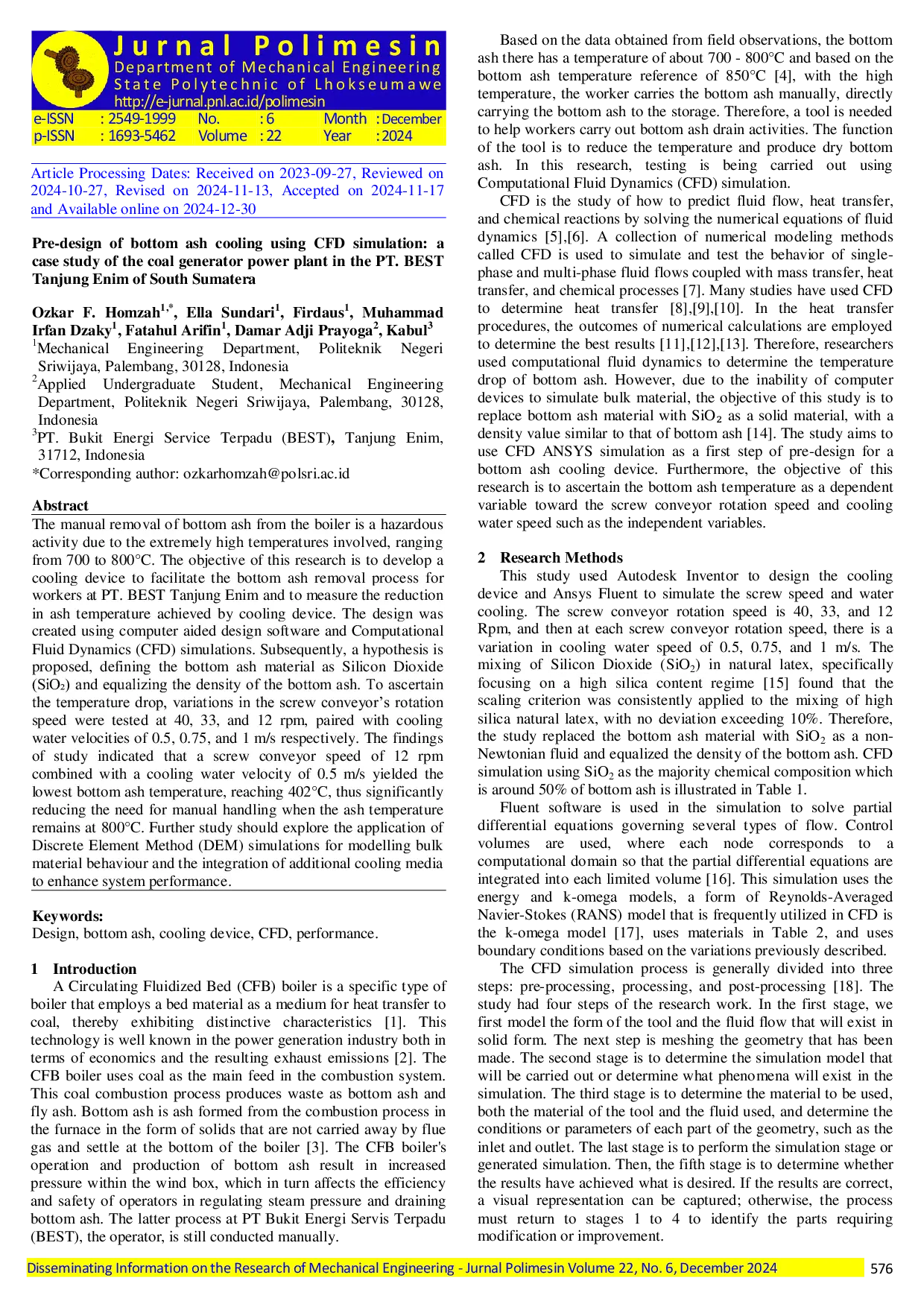JURIS Pre design of bottom ash cooling using CFD simulation a case study of the coal generator power plant in the PT BEST Tanjung Enim of South Sumatera