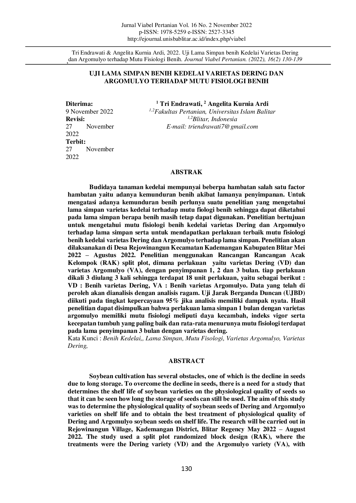JURIS Uji Lama Simpan Benih Kedelai Varietas Dering Dan Argomulyo Terhadap Mutu Fisiologi Benih