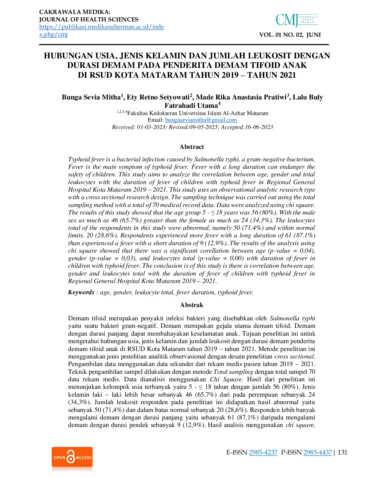 JURIS Hubungan Usia Jenis Kelamin dan Jumlah Leukosit dengan Durasi Demam Pada Penderita Demam Tifoid Anak di RSUD Kota Mataram Tahun 2019 Tahun 2021