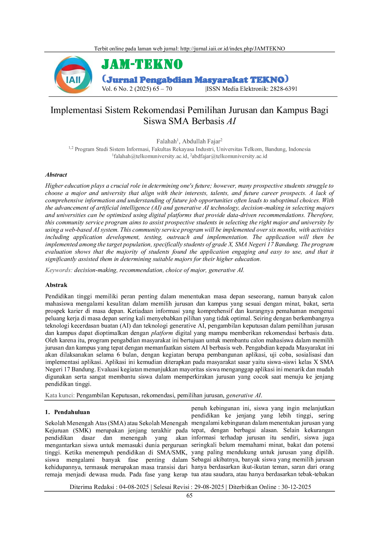 JURIS Implementasi Sistem Rekomendasi Pemilihan Jurusan dan Kampus Bagi Siswa SMA Berbasis AI