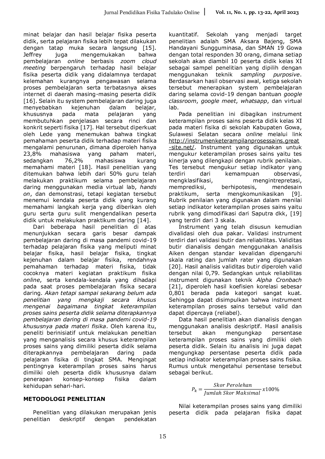 JURIS Analisis Keterampilan Proses Sains Peserta Didik Pada Materi Fisika Dalam Pembelajaran Daring