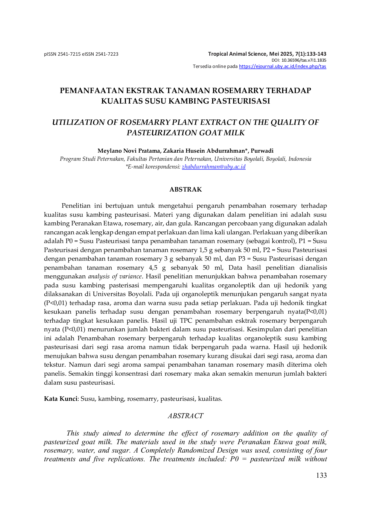 JURIS Pemanfaatan Ekstrak Tanaman Rosemary Terhadap Kualitas Susu Kambing Pasteurisasi