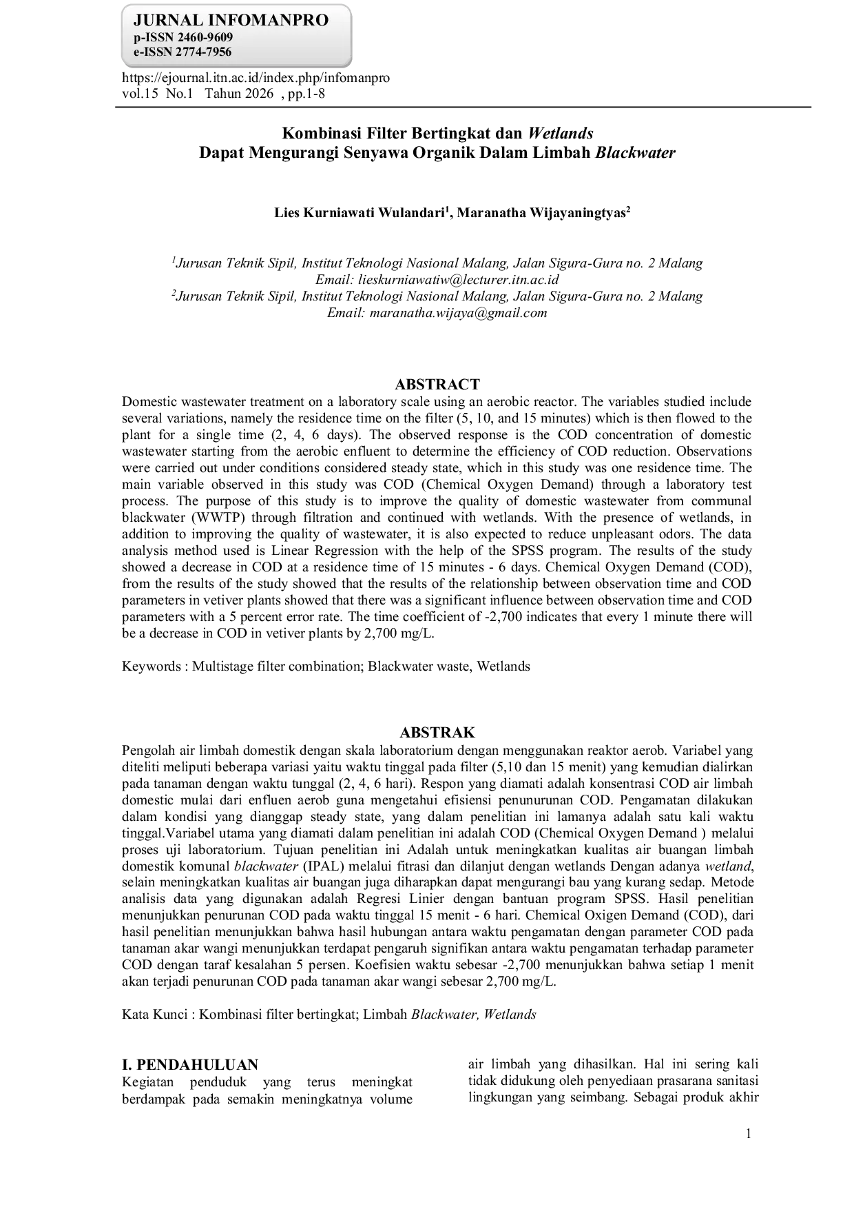 JURIS Kombinasi Filter Bertingkat dan Wetlands Dapat Mengurangi Senyawa Organik Dalam Limbah Blackwater