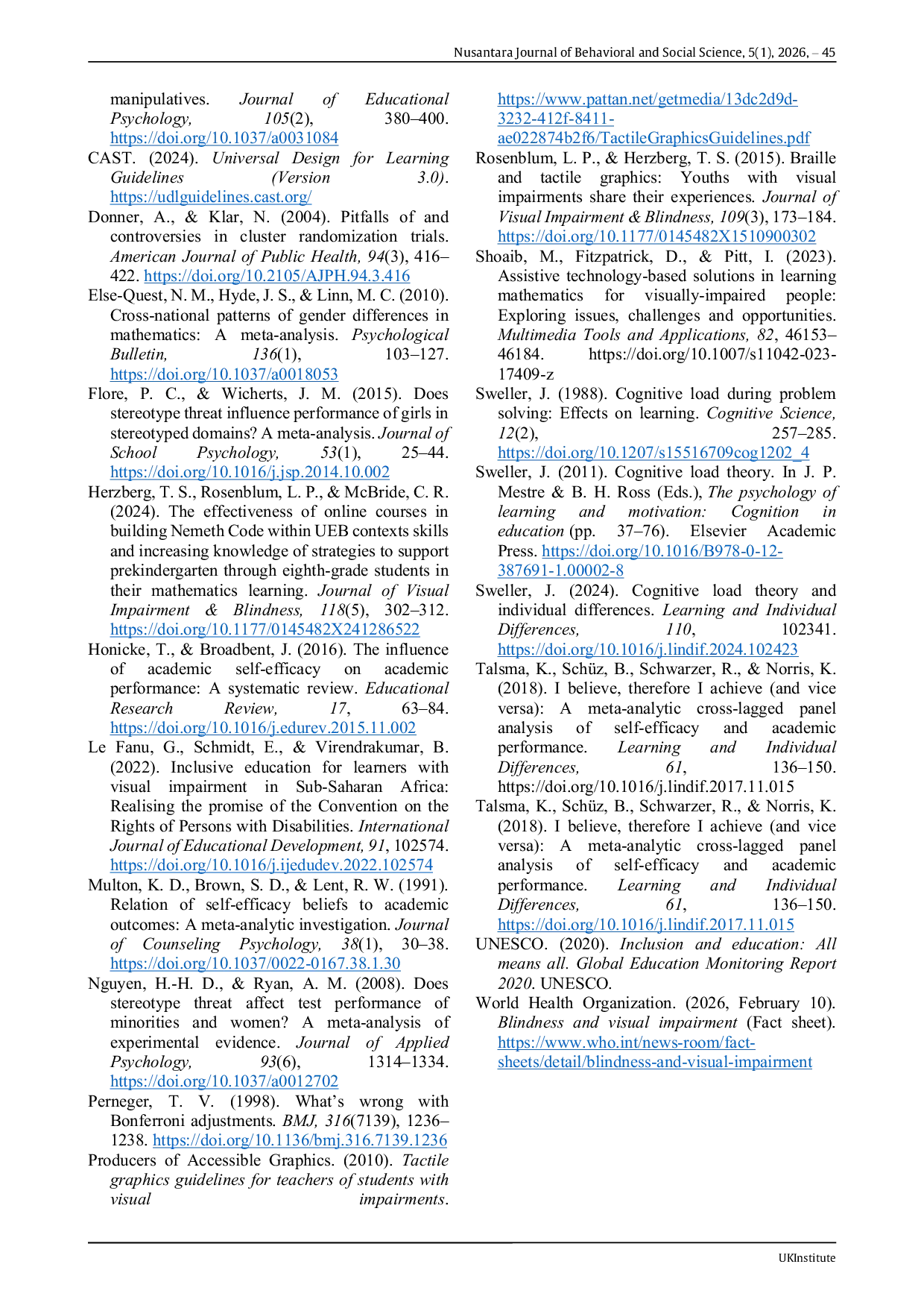 JURIS Effects of Braille Mathematical Code Instruction and Concrete Materials on Mathematics Performance in Primary School Learners with Total Blindness A Quasi Experimental Study in Oyo State Nigeria
