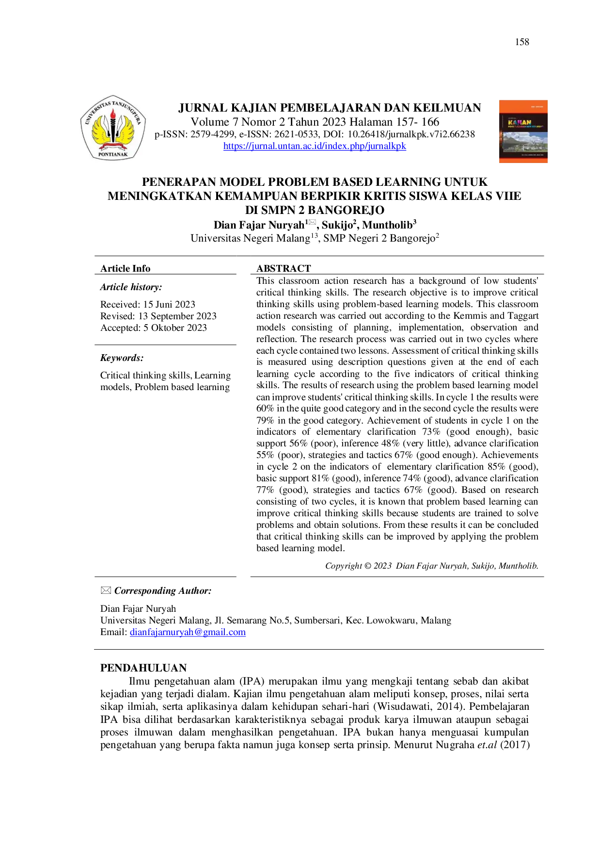 JURIS Penerapan Model Problem Based Learning Untuk Meningkatkan Kemampuan Berpikir Kritis Siswa Kelas VIIE Di SMPN 2 Bangorejo