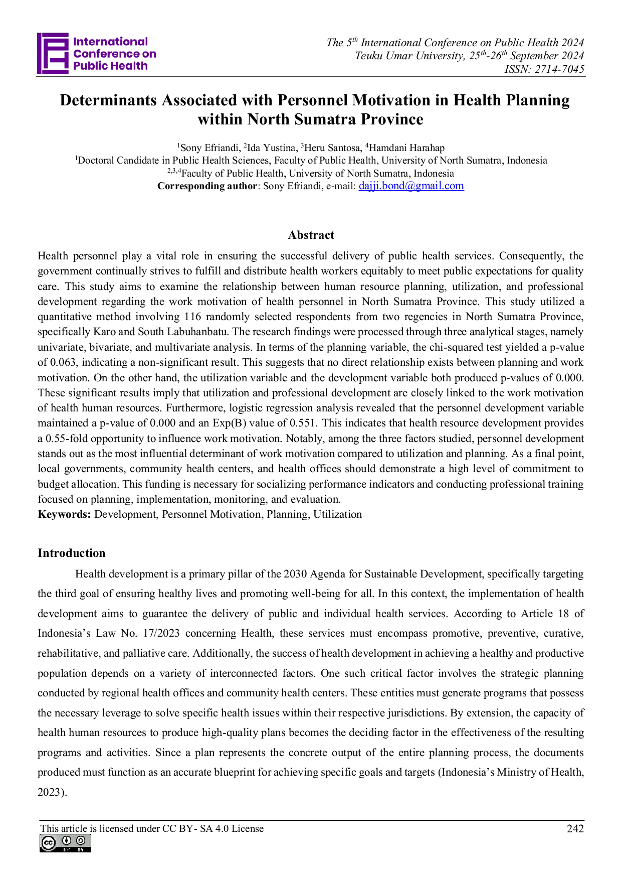 JURIS Determinants Associated with Personnel Motivation in Health Planning within North Sumatra Province