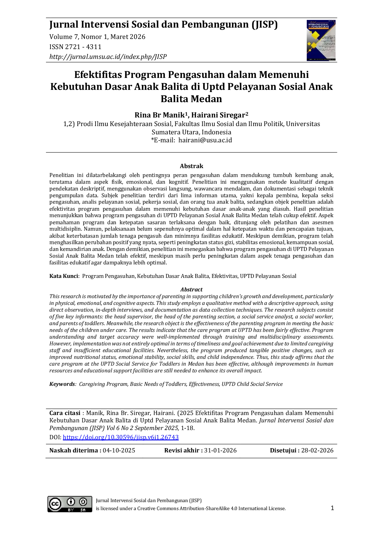 JURIS Efektivitas Program Pengasuhan Dalam Memenuhi Kebutuhan Dasar Anak Balita Di Uptd Pelayanan Sosial Anak Balita Medan