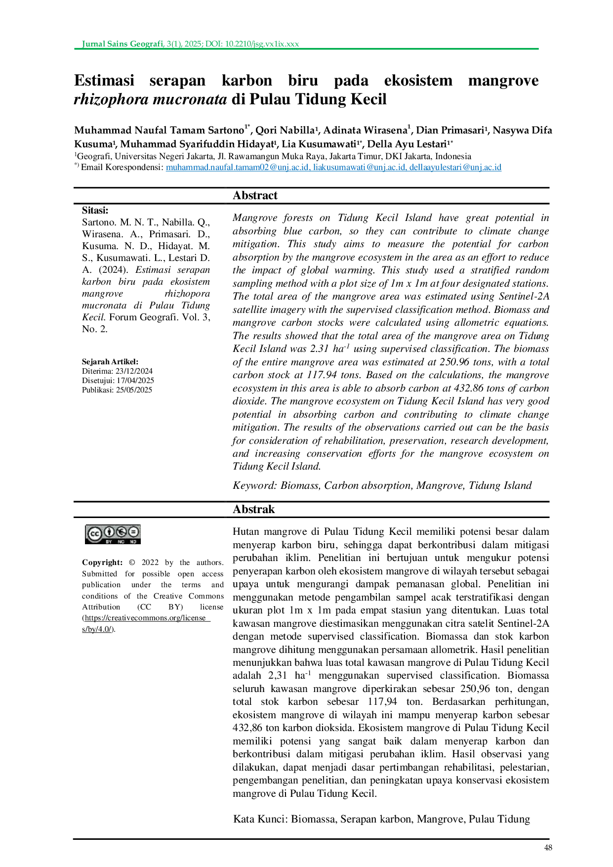 JURIS Estimasi serapan karbon biru pada ekosistem mangrove rhizophora mucronata di Pulau Tidung Kecil Kuantifikasi Potensi Penyimpanan Karbon Biru oleh Mangrove Rhizophora mucronata di Pulau Tidung Kecil