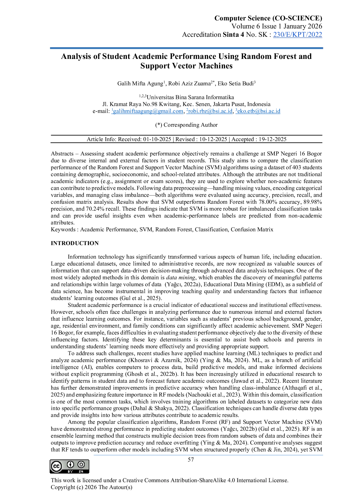 JURIS Analysis of Student Academic Performance Using Random Forest and Support Vector Machines