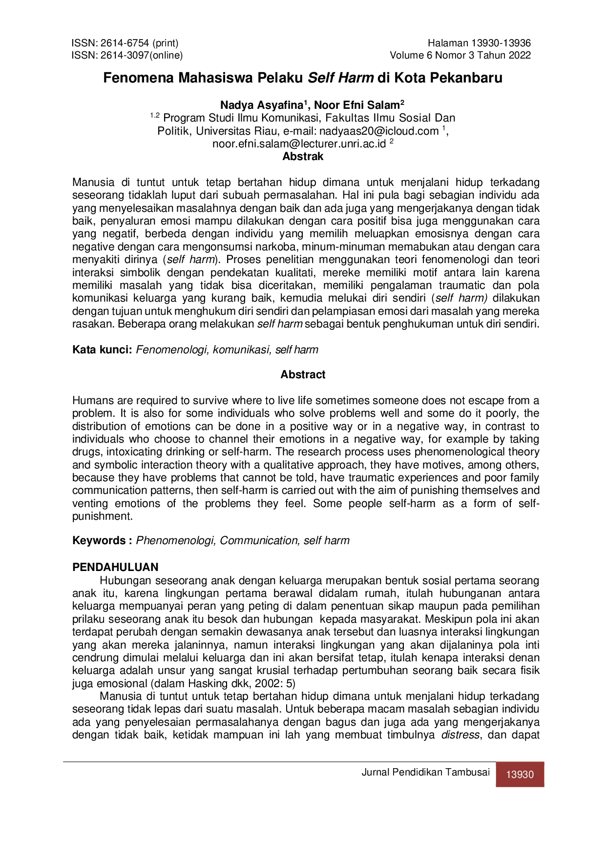 JURIS Fenomena Mahasiswa Pelaku Self Harm di Kota Pekanbaru