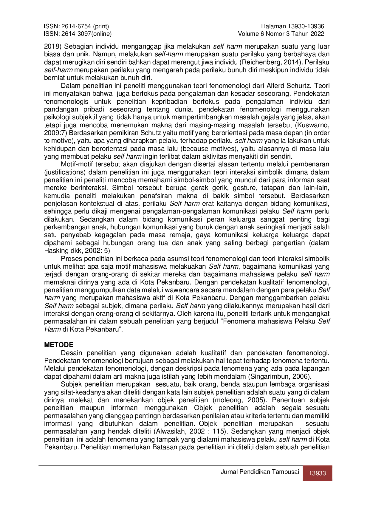 JURIS Fenomena Mahasiswa Pelaku Self Harm di Kota Pekanbaru